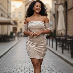 NEW•2X•Creme De La Creme Crushed Velvet Off Shoulder Dress